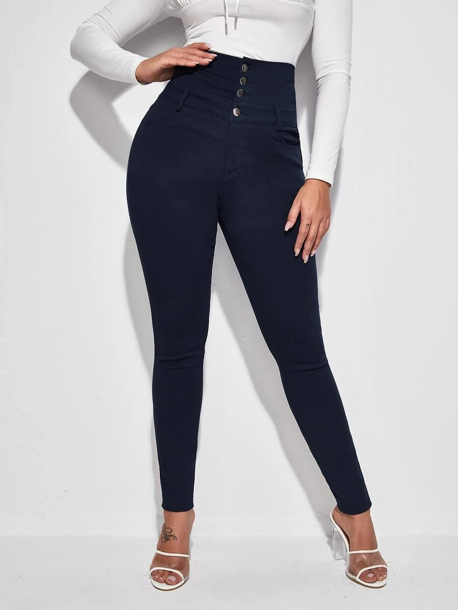Jeans ajustados con botón delantero de cintura alta - Azul lavado oscuro - Ver 1