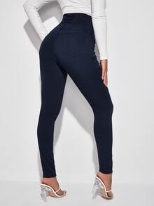 Jeans ajustados con botón delantero de cintura alta - Azul lavado oscuro - Ver 2