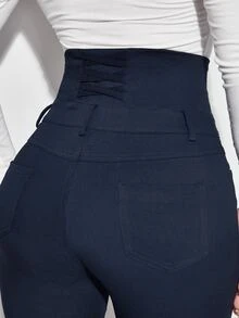Jeans ajustados con botón delantero de cintura alta - Azul lavado oscuro - Ver 3