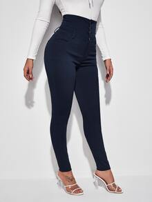 Jeans ajustados con botón delantero de cintura alta - Azul lavado oscuro - Ver 4