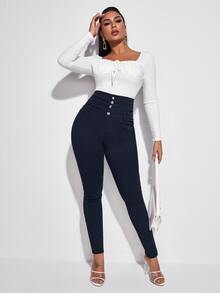 Jeans ajustados con botón delantero de cintura alta - Azul lavado oscuro - Ver 5