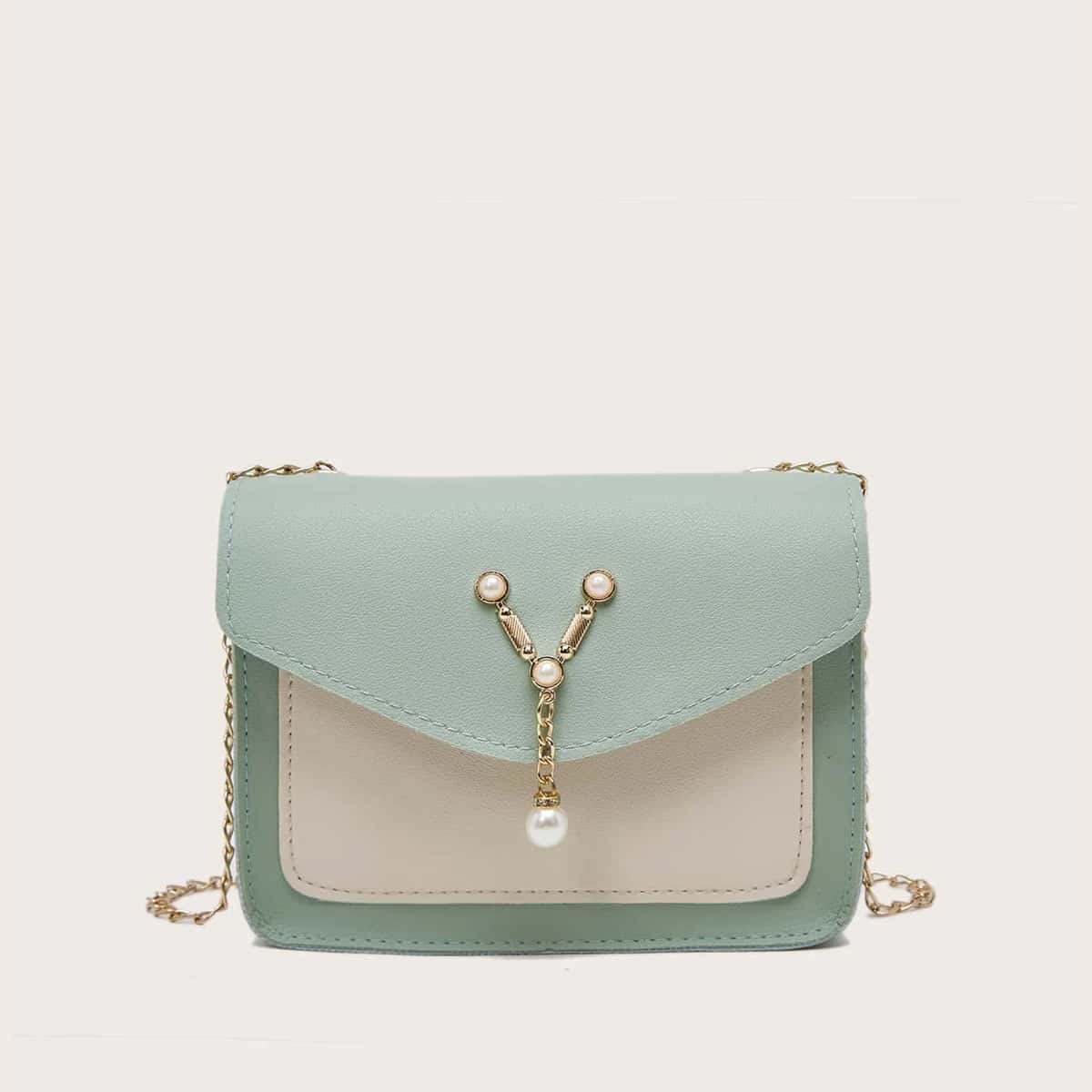 

Faux Pearl Flap Bag, Green
