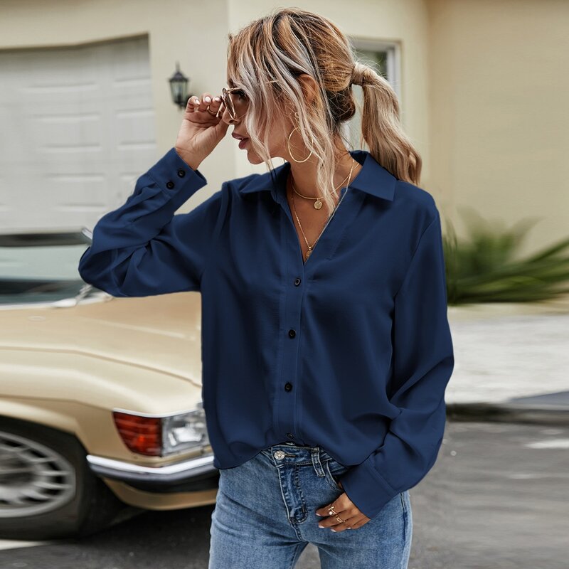 

Solid Button Up Blouse, Navy blue