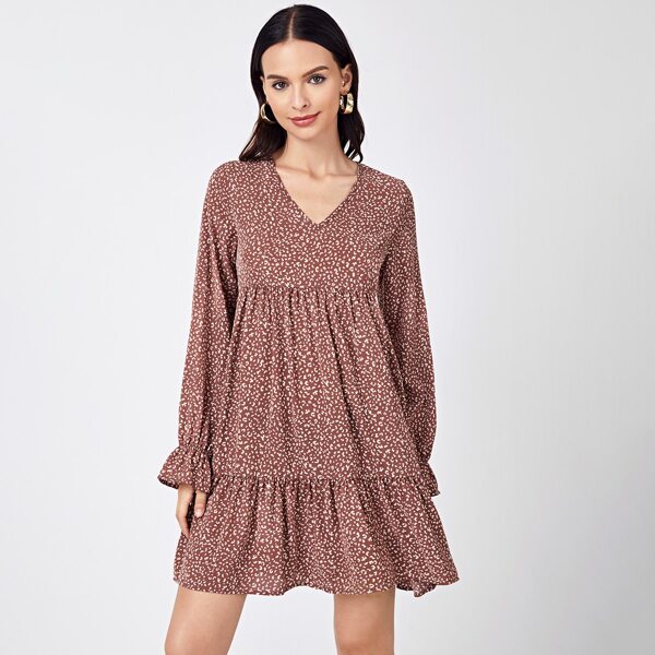 

All Over Print Ruffle Hem Flounce Sleeve Dress, Dusty pink