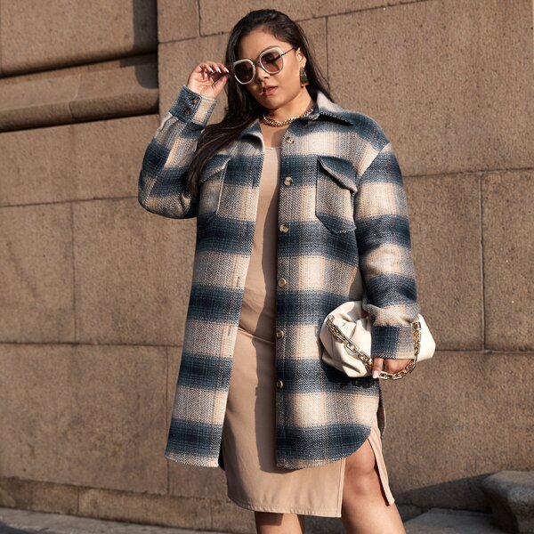 

Plus Flap Pocket Plaid Tweed Coat, Multicolor
