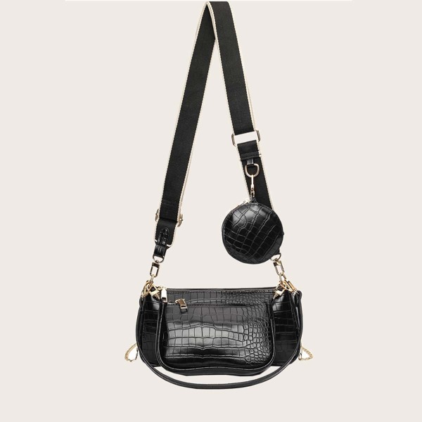 

3pcs Croc Embossed Crossbody Bag Set, Black
