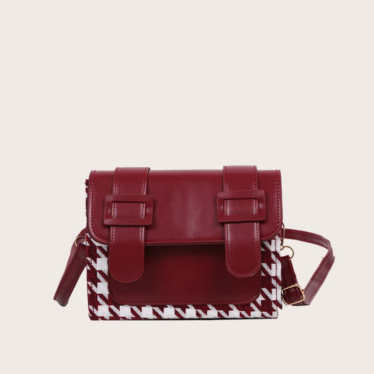 

Double Buckle Houndstooth Bag, Burgundy