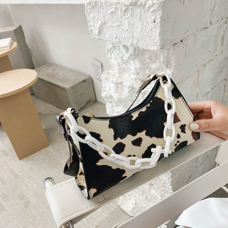 

Cow Print Chain Baguette Bag, Multicolor