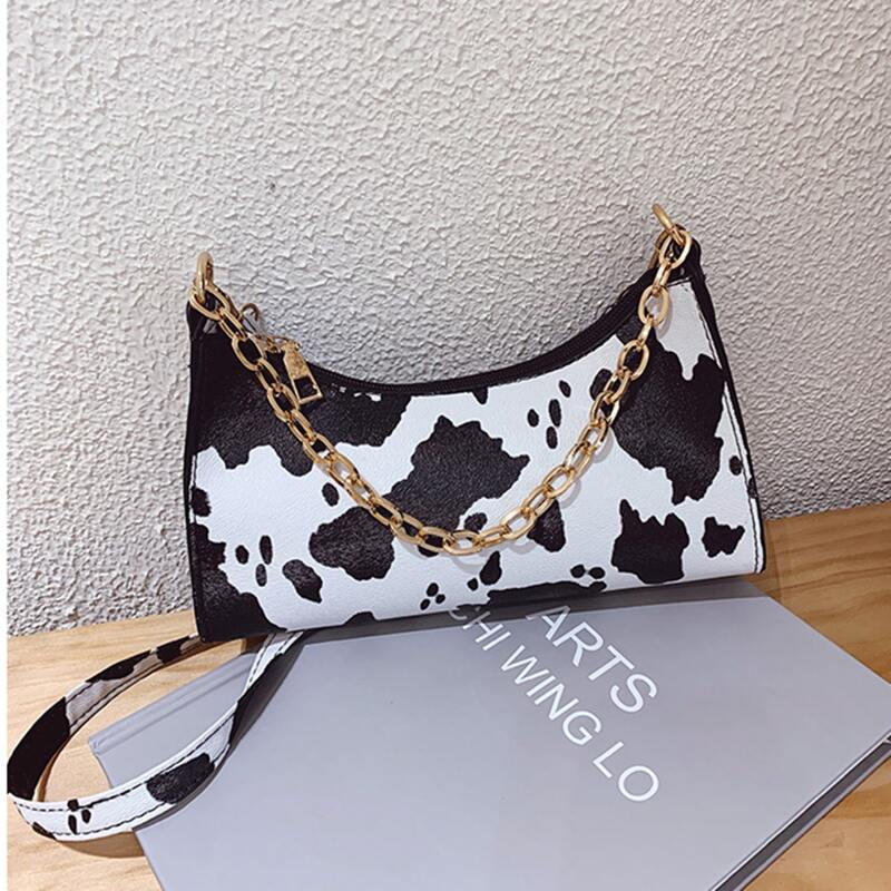 

Cow Print Chain Baguette Bag, Black and white