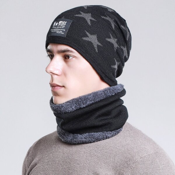 

1pc Men Star Print Beanie & 1pc Infinity Scarf, Black