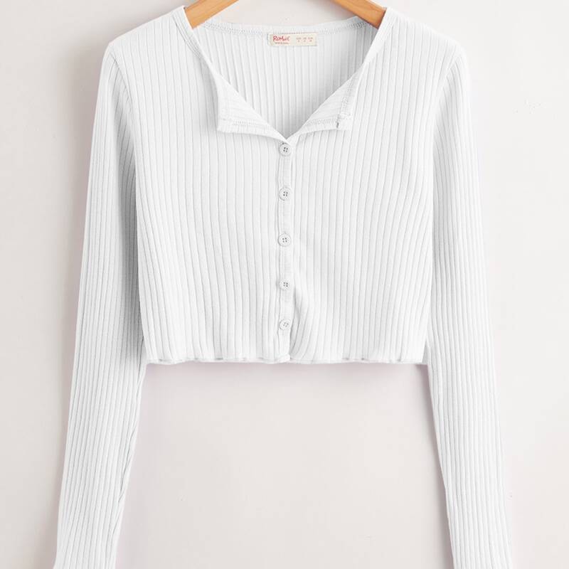 

Solid Button Front Ribbed Crop Tee, White