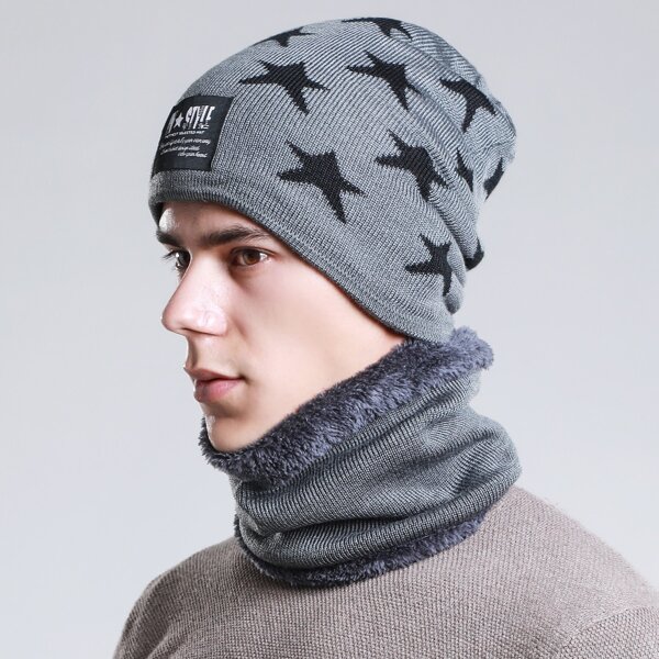 

1pc Men Star Print Beanie & 1pc Infinity Scarf, Grey