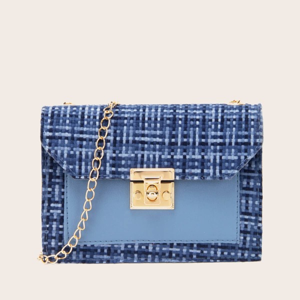

Metal Lock Tweed Chain Crossbody Bag, Blue