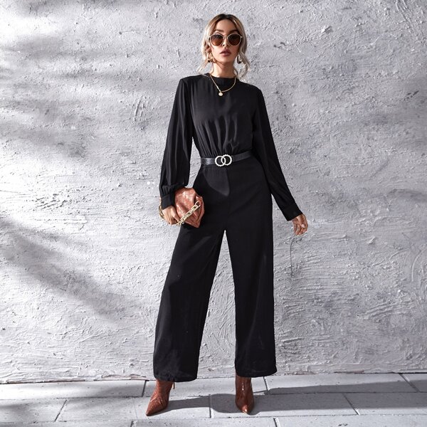 

Mock Neck Cut Out Back Wide Leg Jumpsuit Without Belt, Black
