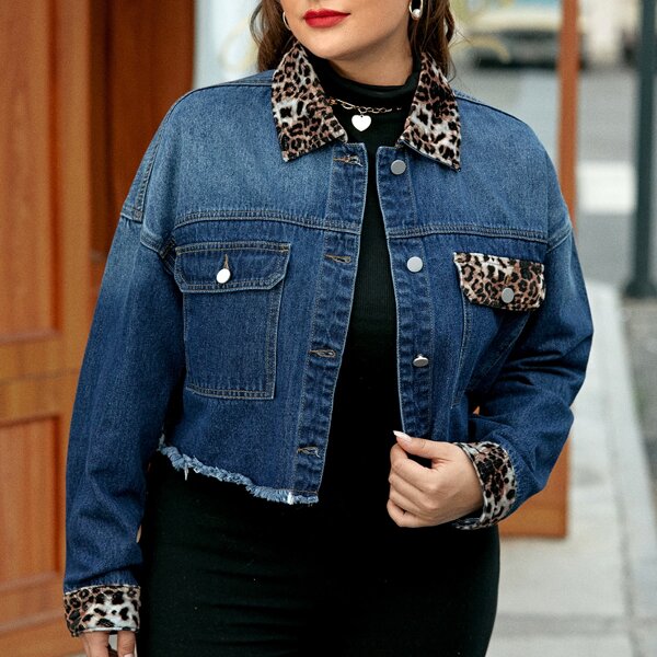 

Plus Leopard Panel Drop Shoulder Denim Jacket, Dark wash