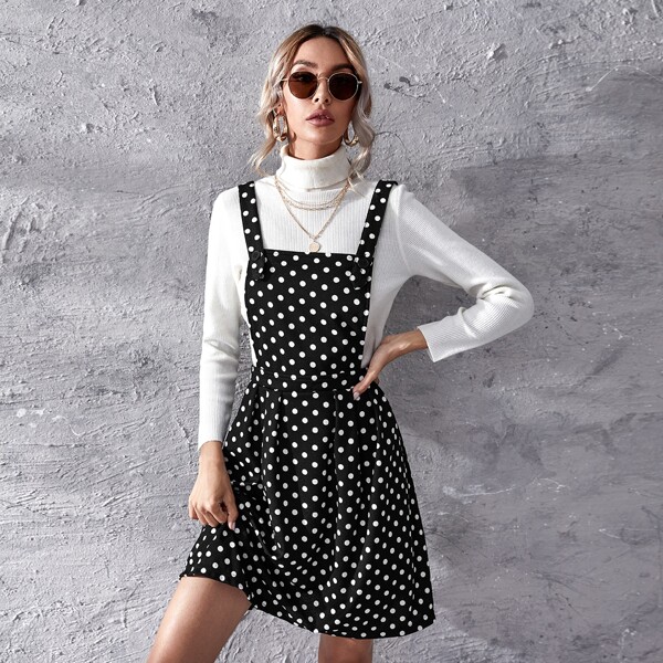 

Polka Dot Overall Dress, Black and white