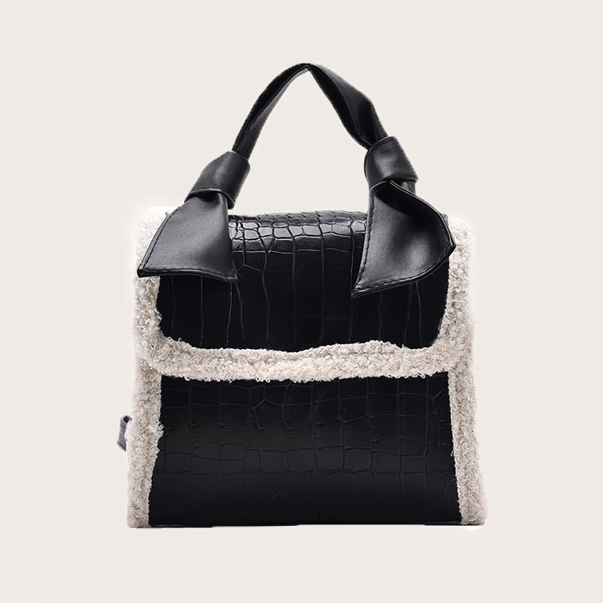 

Croc Embossed Knot Handle Satchel Bag, Black