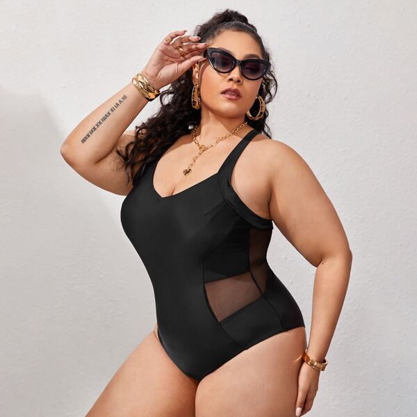 

Plus Contrast Mesh One Piece Swimsuit, Black