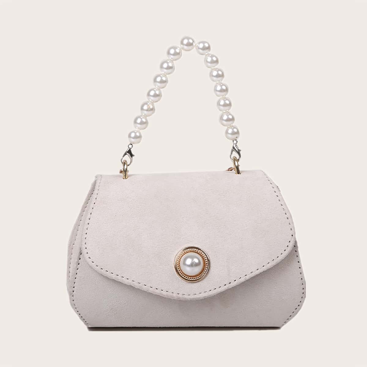 

Faux Pearl Handle Satchel Bag, Beige