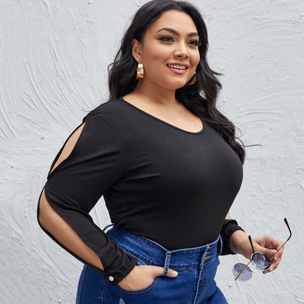 

Plus Scoop Neck Split Sleeve Tee, Black