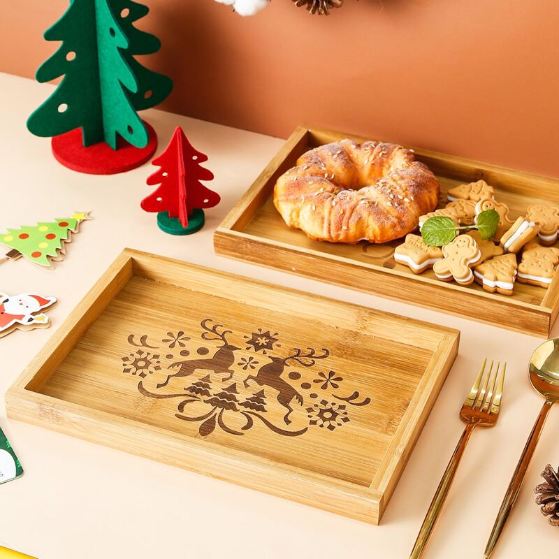 

1pc Christmas Pattern Wooden Tray, Khaki