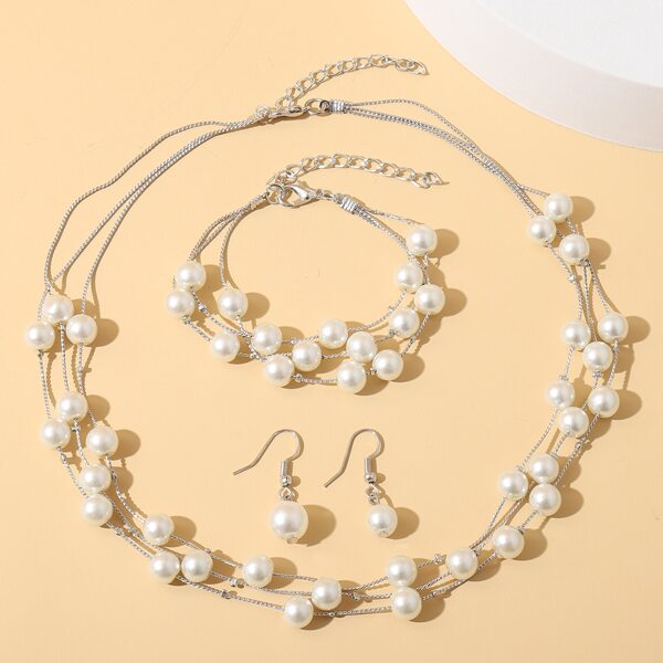 

4pcs Faux Pearl Decor Jewelry Set, Silver