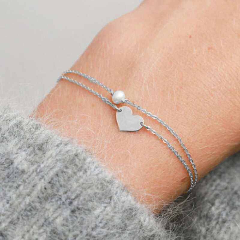 

Heart & Faux Pearl Decor Chain Bracelet, Silver