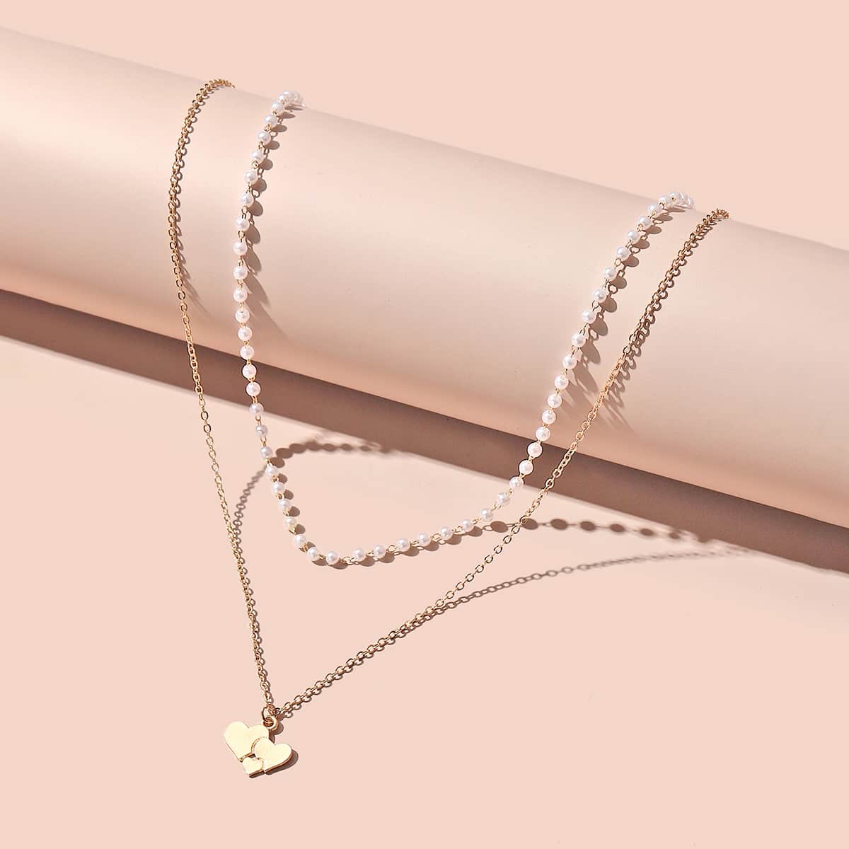 

Heart Decor Faux Pearl Layered Necklace, Gold