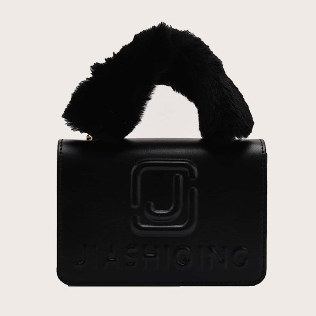 

Letter Fluffy Handle Satchel Bag, Black