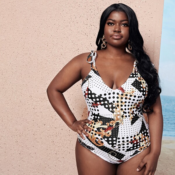 

Plus Baroque & Polka Dot One Piece Swimsuit, Multicolor