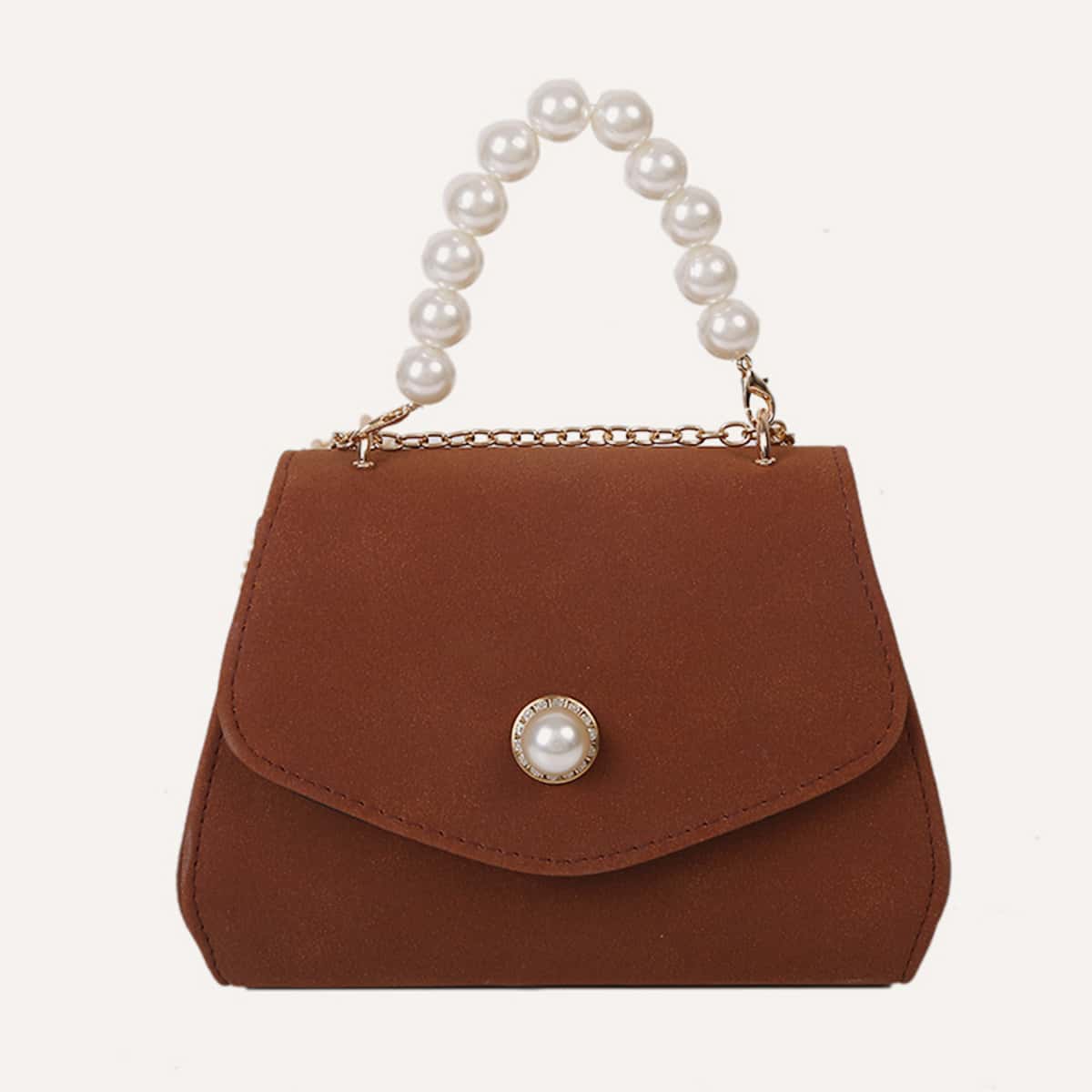 

Solid Faux Pearl Handle Satchel Bag, Coffee brown