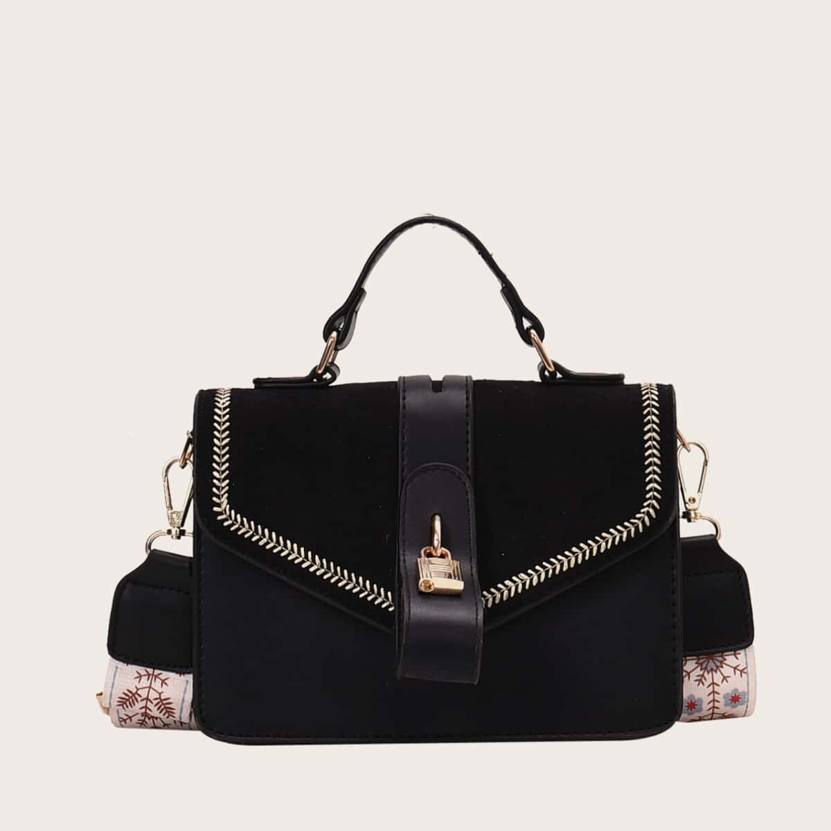 

Lock Decor Embroidery Trim Satchel Bag, Black