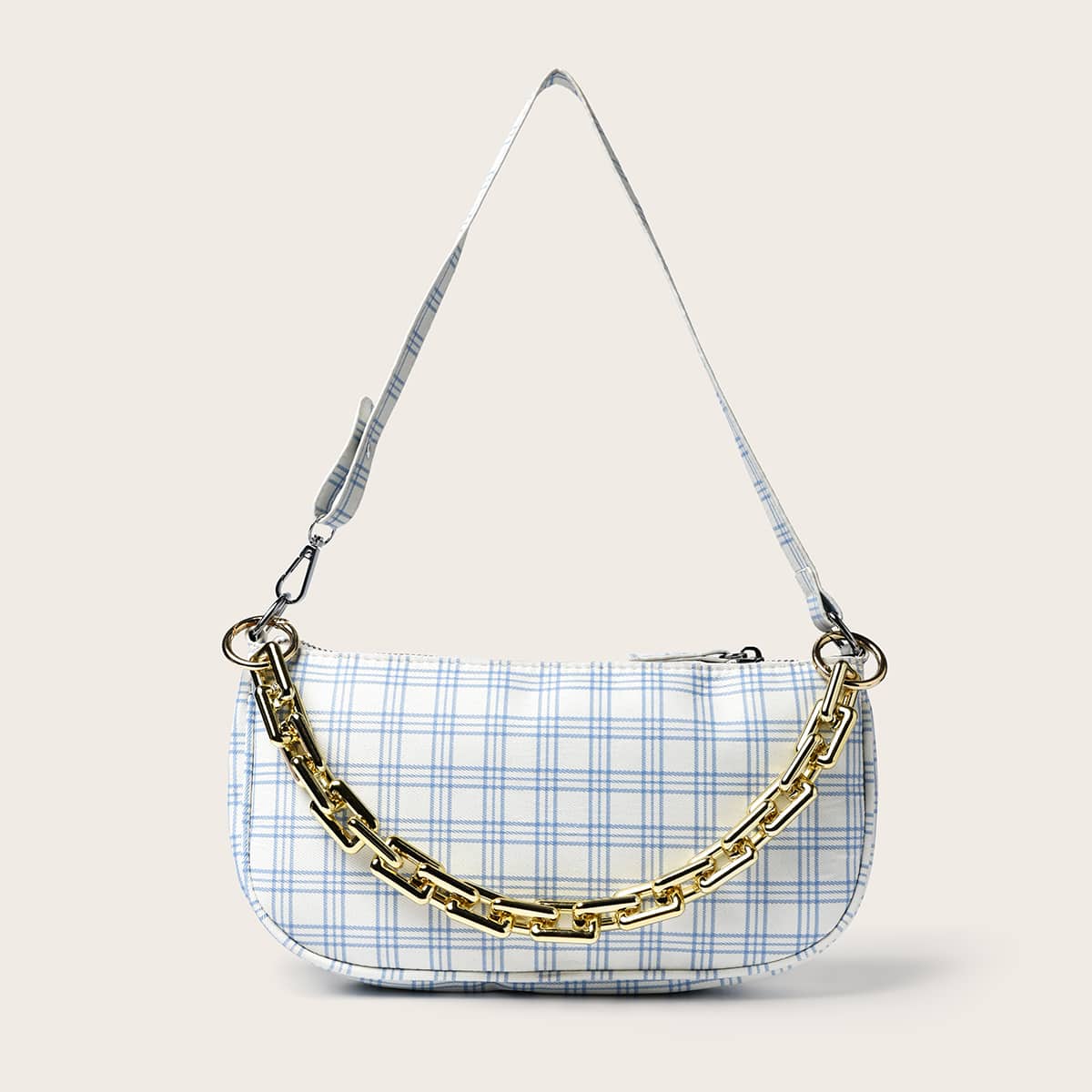 

Tartan Chain Baguette Bag, Blue and white