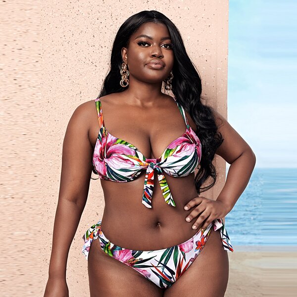 

Plus Floral & Leaf Print Tie Side Bikini Swimsuit, Multicolor