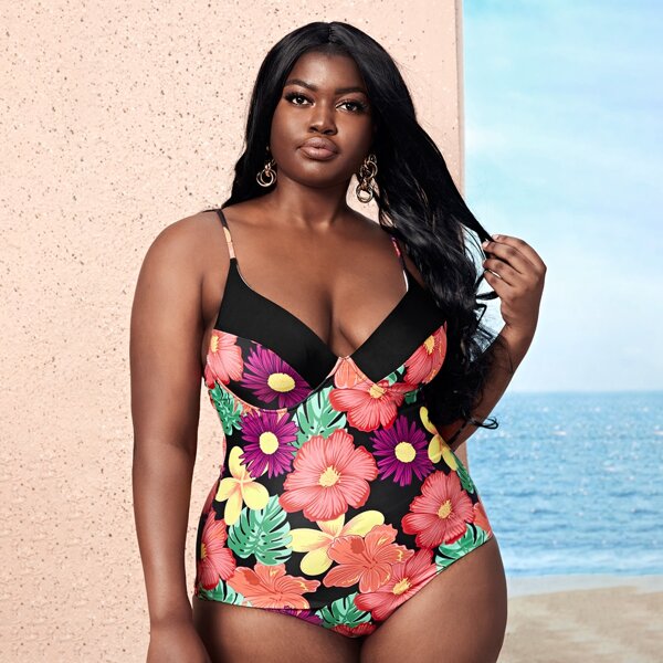 

Plus Tropical & Floral Underwire One Piece Swimsuit, Multicolor