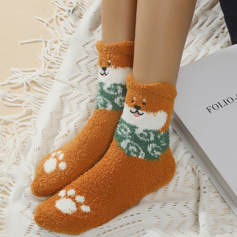 

1pair Cartoon Dog Fuzzy Socks, Yellow
