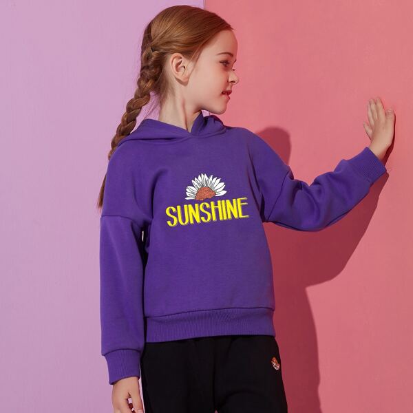

Girls Sunflower And Letter Graphic Hoodie, Violet purple