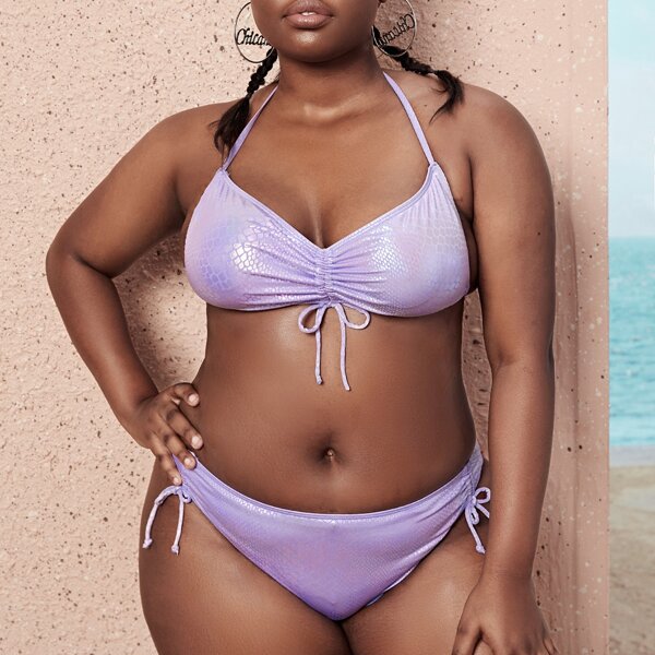 

Plus Snakeskin PU Ruched Knot Bikini Swimsuit, Purple