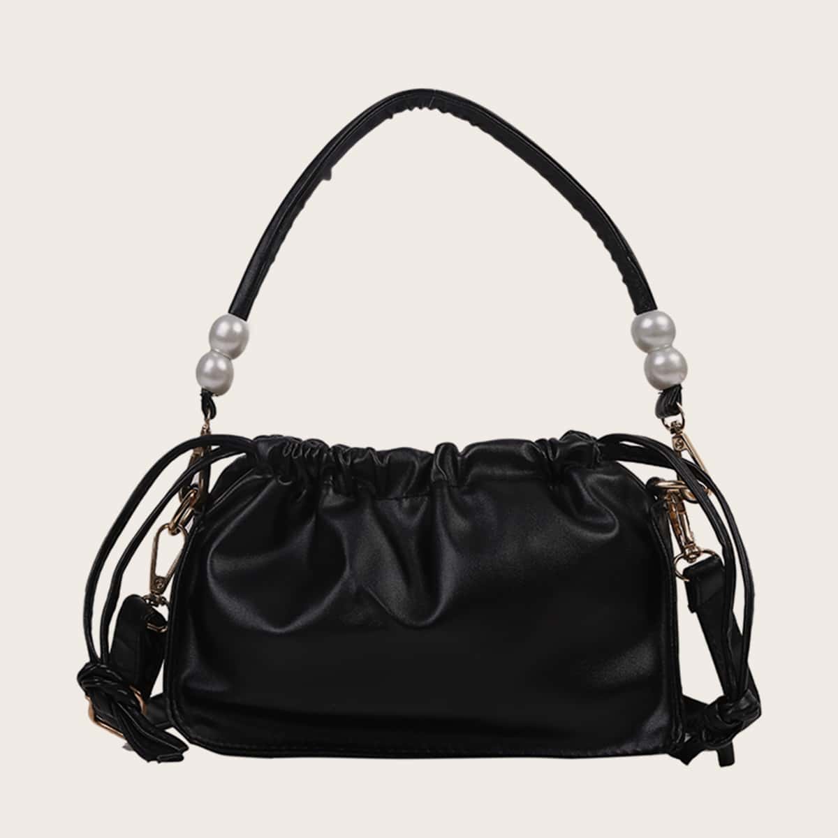 

Solid Drawstring Ruched Bag, Black