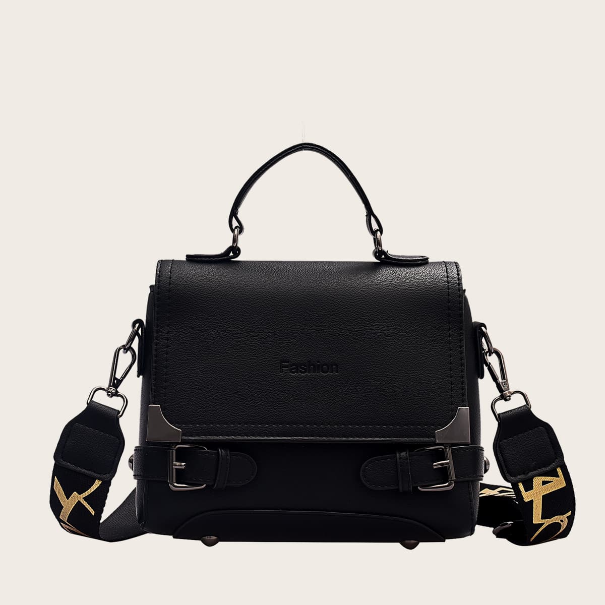 

Buckle Decor Flap Satchel Bag, Black
