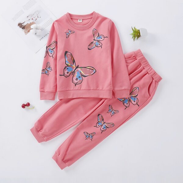 

Girls Butterfly Print Sweatshirt & Sweatpants, Coral pink