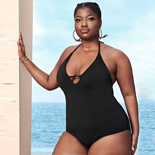 

Plus Rib Cut-out One Piece Swimsuit, Black