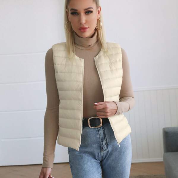 

Quilted Zip Up Padded Vest, Beige