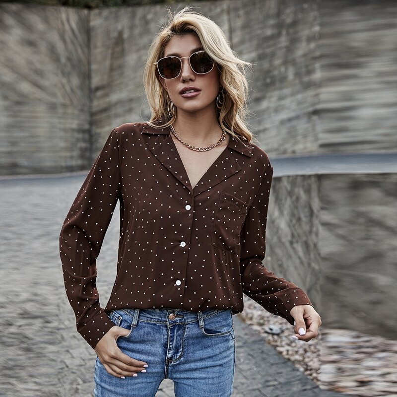 

Pocket Patched Polka-dot Print Blouse, Chocolate brown
