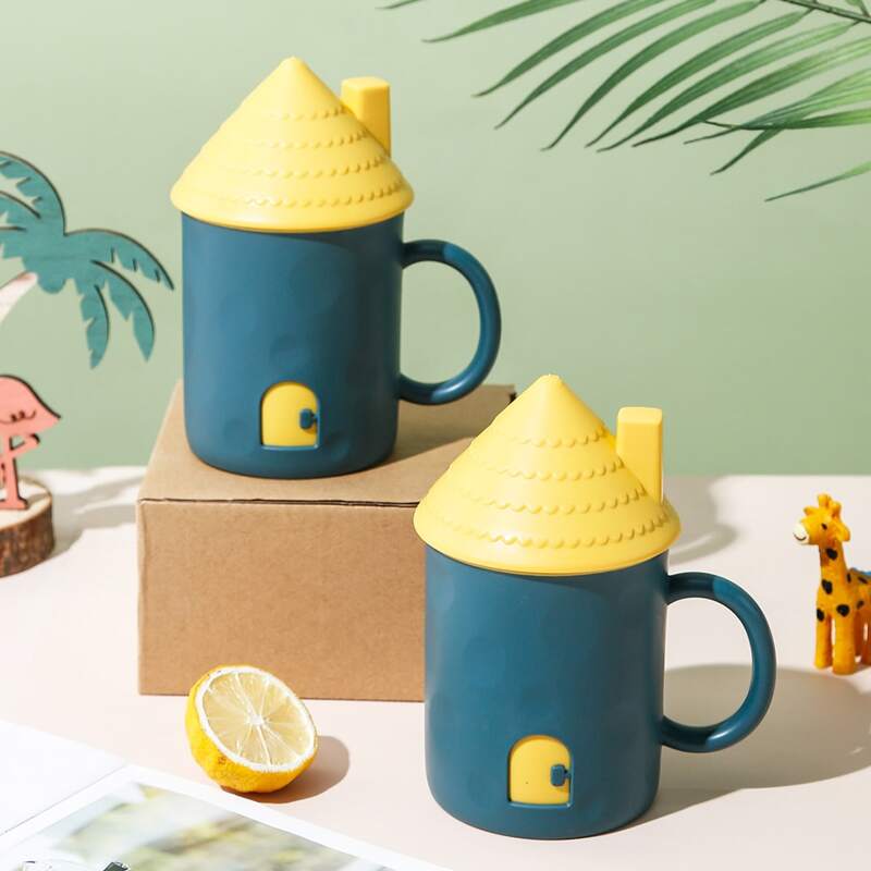 

1pc House Shaped Mug With Lid, Teal blue