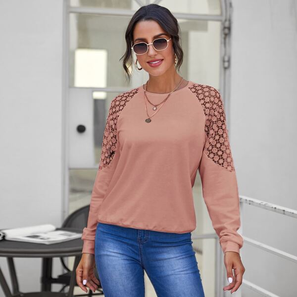 

Lace Insert Raglan Sleeve Pullover, Dusty pink