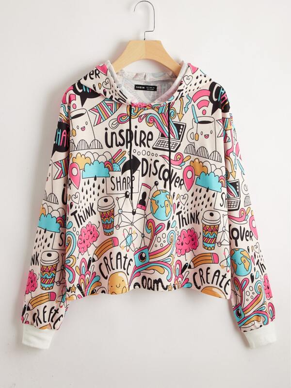 cartoon print drawstring hoodie