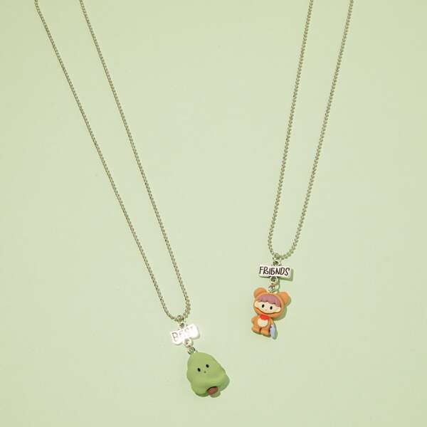

2pcs Girls Cartoon Pendant Necklace, Green
