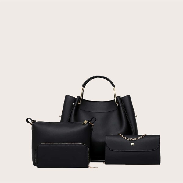 

4pcs Minimalist Metal Handle Tote Bag Set, Black