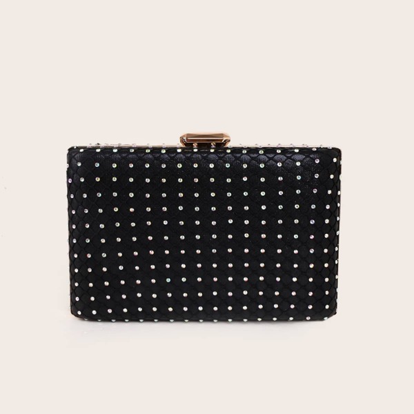 

Rhinestone Decor Clip Top Box Bag, Black